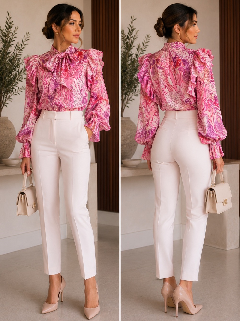 CobyCo Floral Print Ruffle Tie Neck Blouse Pink Size S